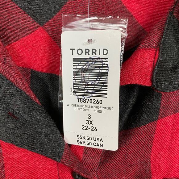 Torrid Red Plaid Brushed Rayon&Acrylic Button Up Shirt Sz.3 NWT - Picture 8 of 14